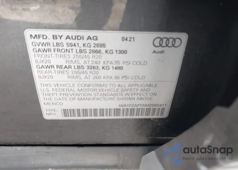 2021 Audi Q5 Prestige 55 Tfsi E Quattro S Tronic z USA, uszkodzony, nr VIN WA1F2AFYXM2085411